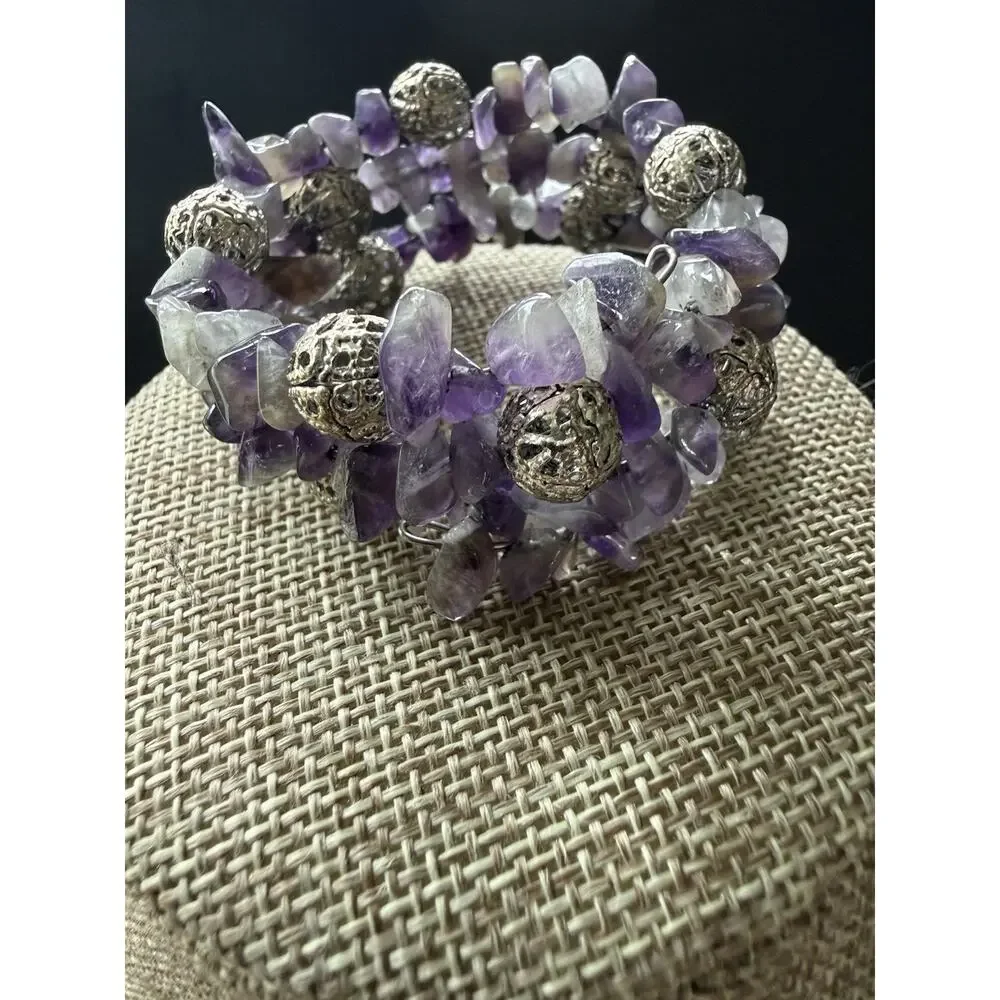 Amethyst Chip Gemstone Stretch Bracelet Purple Wide Boho Festival Statement - Picture 1 of 4